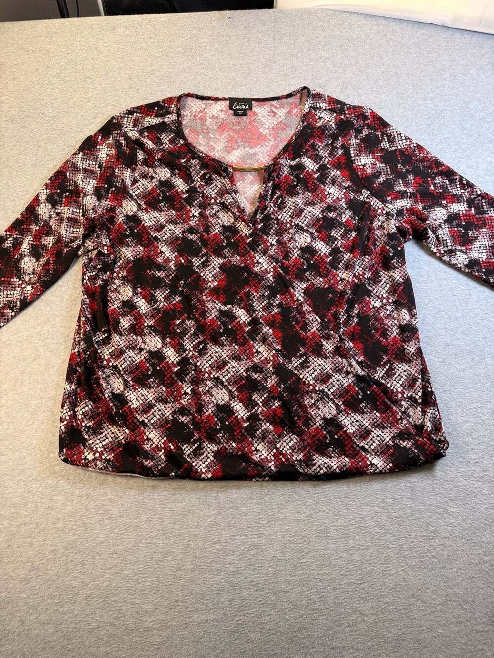 Simply Emma Blouse Size 2X Red Black Animal Print Ring Neck 3/4 Sleeve